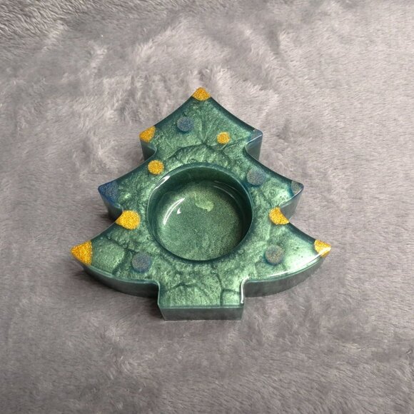 Handmade Christmas Tree Resin Tea Light Holder Gold & Blue Polka Dot Accents - Picture 1 of 4
